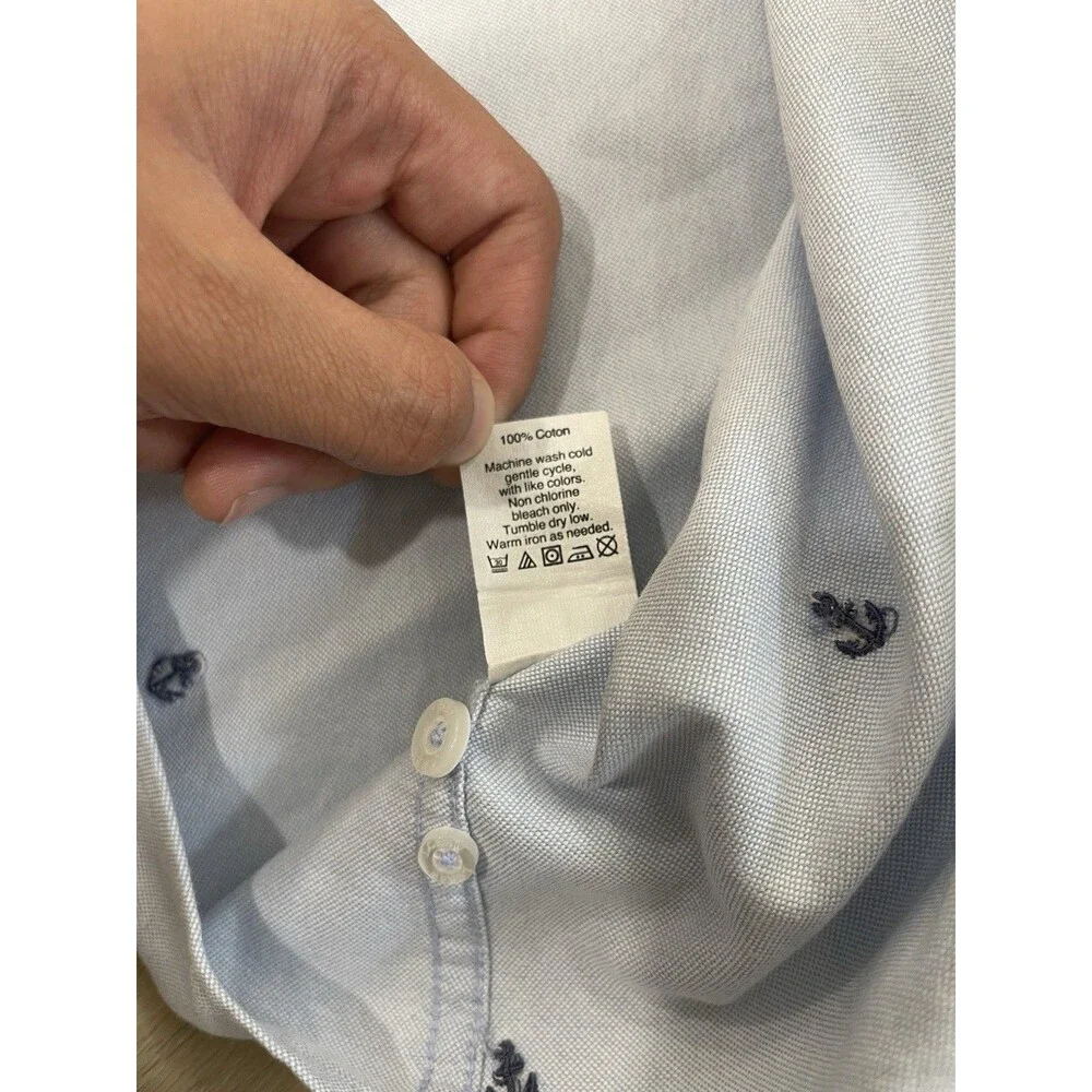 J.CREW Oxford 100% Cotton Shirt Men L Short Sleeve Button-Up Light Blue Anchors